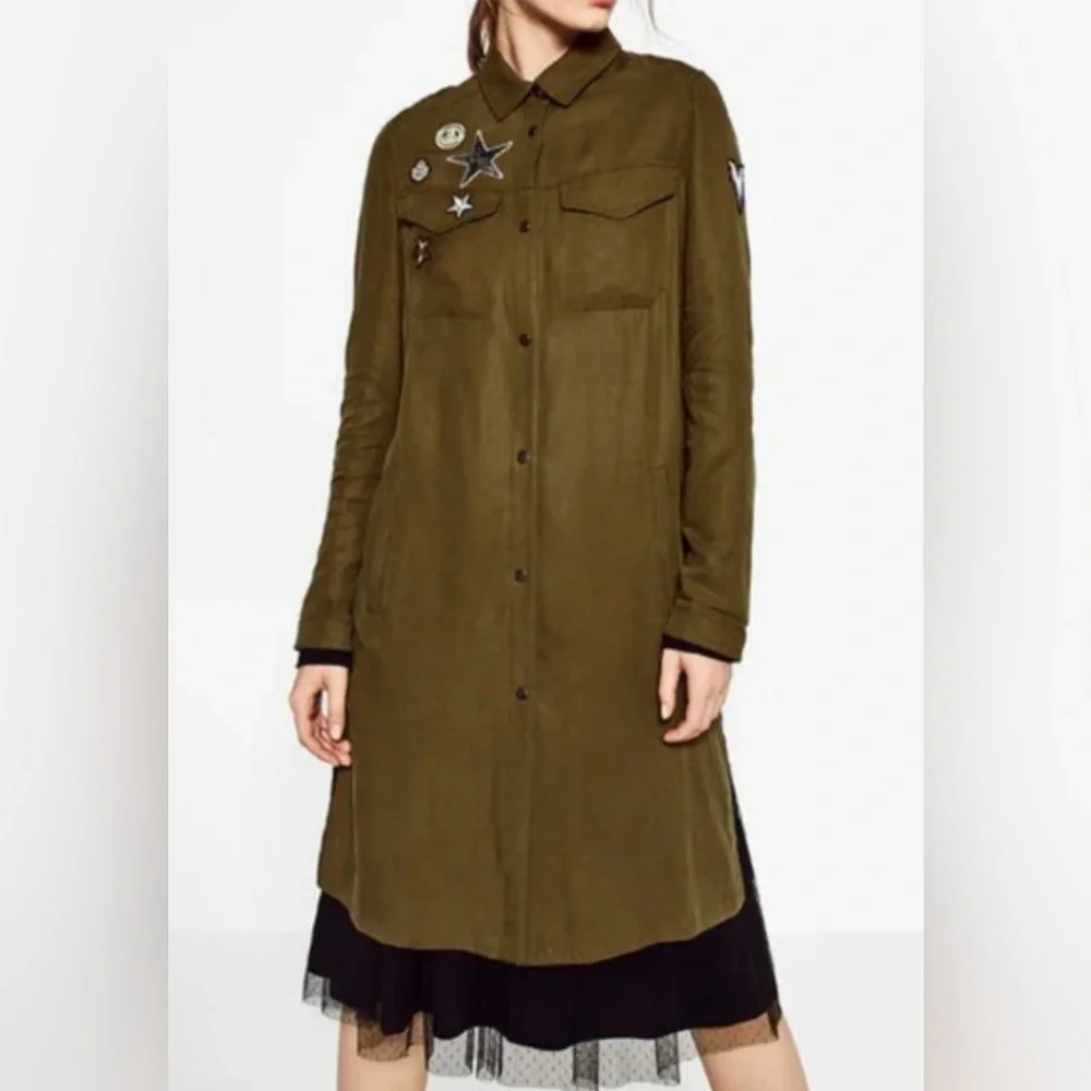 Zara Army Green Long Snap-Down Patchwork Jacket - Size S - Picture 1 of 9
